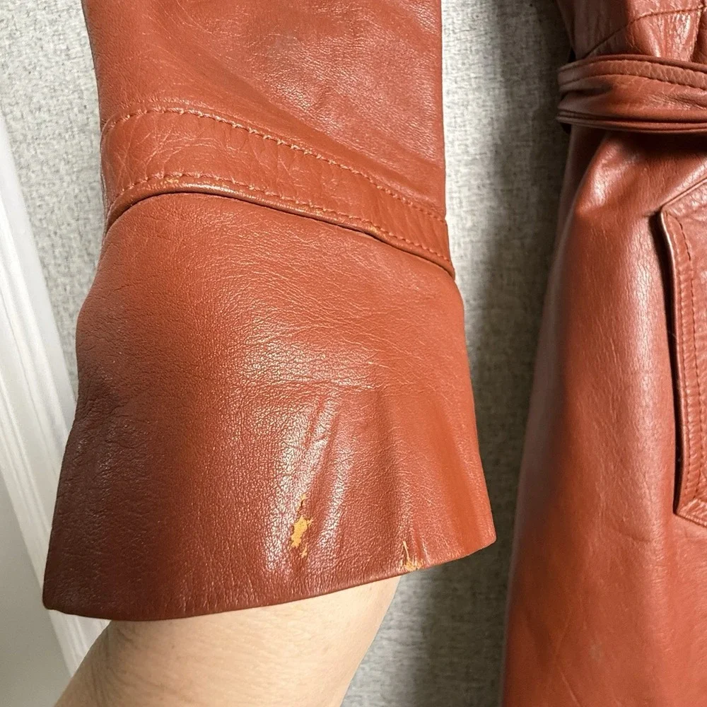 Vintage 70s Rust Brown Orange Leather Full Length Trench Coat Made Korea SMALL - Picture 14 of 16